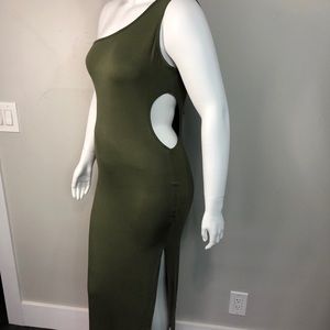 Pretty Little Things Size 16 Green Khaki Jersey One Shoulder side cut-out dress